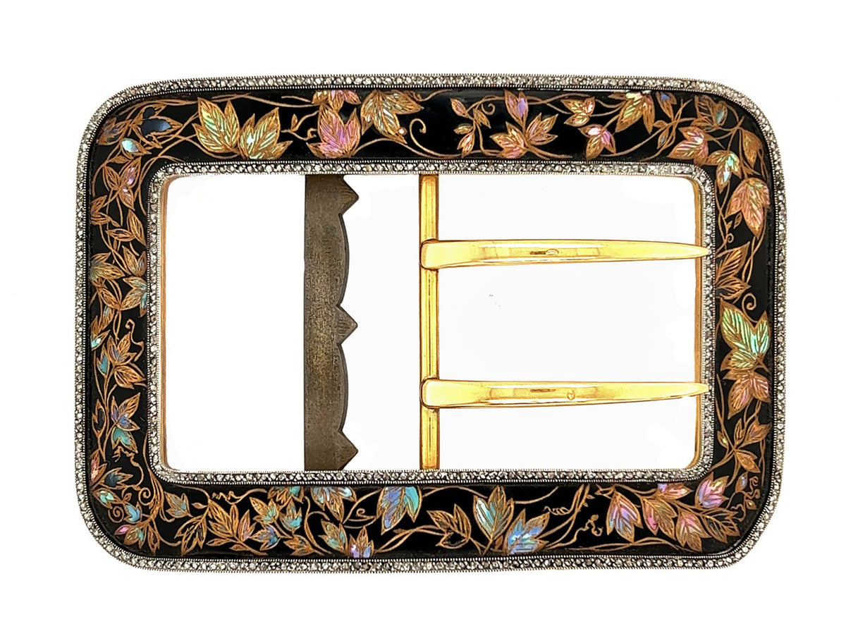 A very rare yellow gold and platinum belt buckle. Black enameled with –  Gioielleria Pennisi