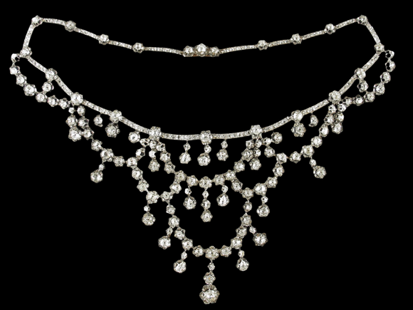 A XIX Century silver topped, Yellow gold and old-cut diamond necklace of draperie design.