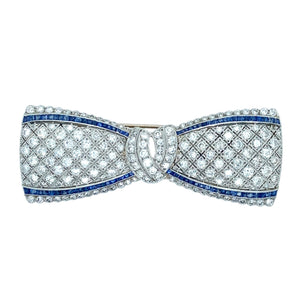 Art Déco platinum diamond and sapphire bow brooch