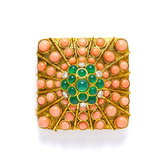 Van Cleef et Arpels coral. diamond and chrysoprase brooch, 1960’s