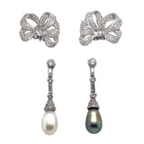 1940 diamond and natural grey and white pearl earrings.