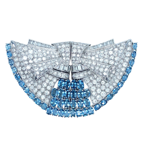 Art Déco platinum diamond and aquamarine double clip brooch. 1930